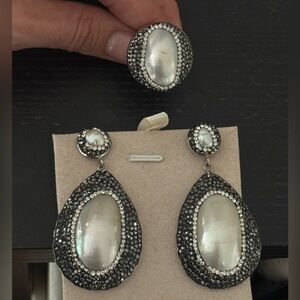 Pearl-Effect Teardrop Crystal Drop Earrings and Ring Set - Black and White